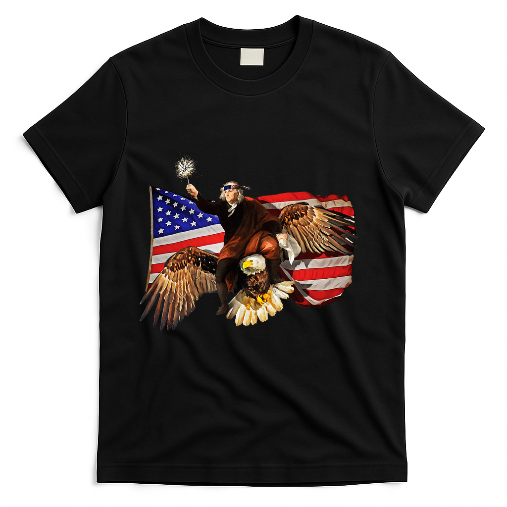Ben Franklin Riding Eagle Funny July 4th American Flag T-Shirt