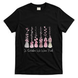 in October We Wear Pink Witch Broom Halloween Breast Cancer T-Shirt