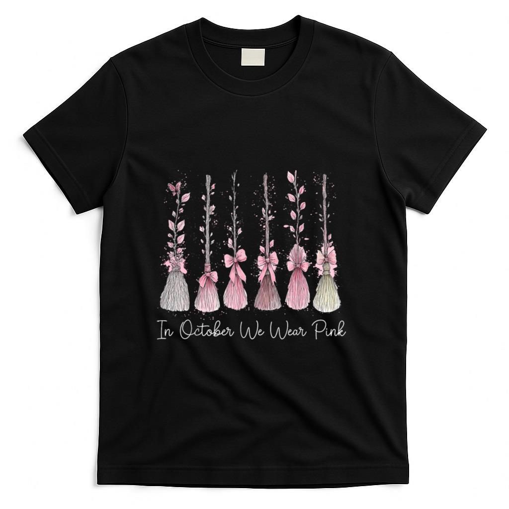 in October We Wear Pink Witch Broom Halloween Breast Cancer T-Shirt