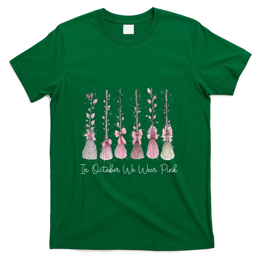 in October We Wear Pink Witch Broom Halloween Breast Cancer T-Shirt