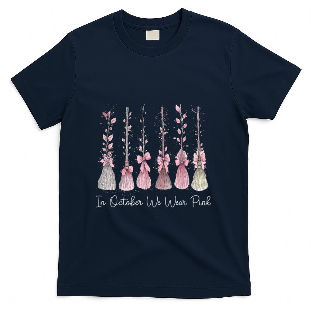 in October We Wear Pink Witch Broom Halloween Breast Cancer T-Shirt