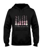in October We Wear Pink Witch Broom Halloween Breast Cancer T-Shirt