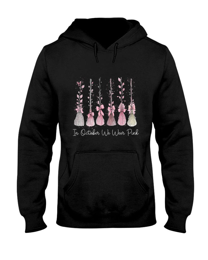 in October We Wear Pink Witch Broom Halloween Breast Cancer T-Shirt