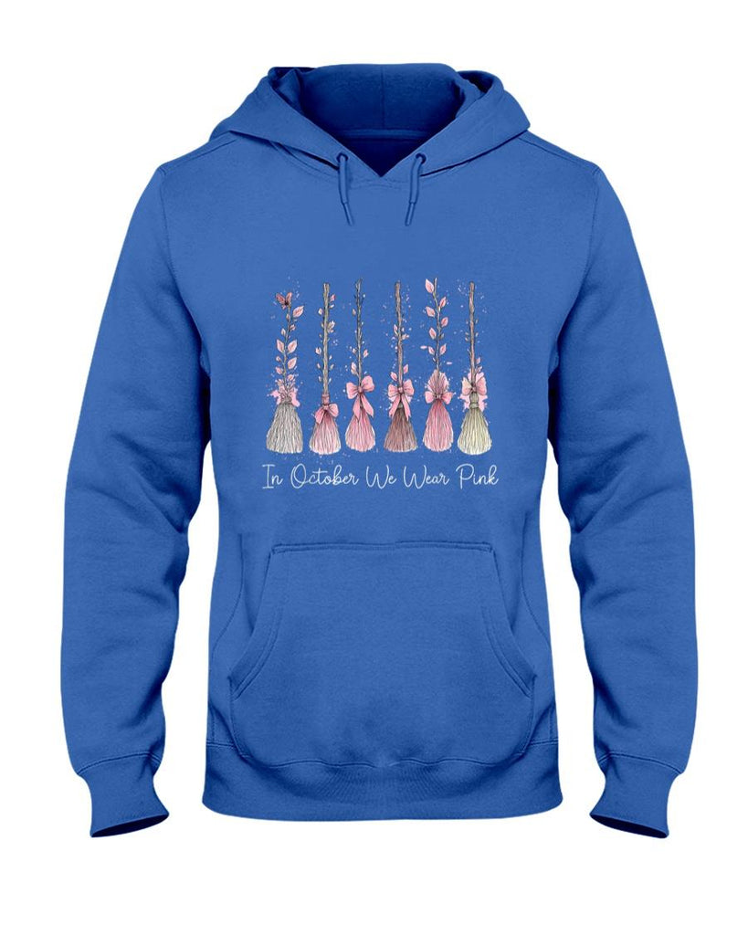 in October We Wear Pink Witch Broom Halloween Breast Cancer T-Shirt
