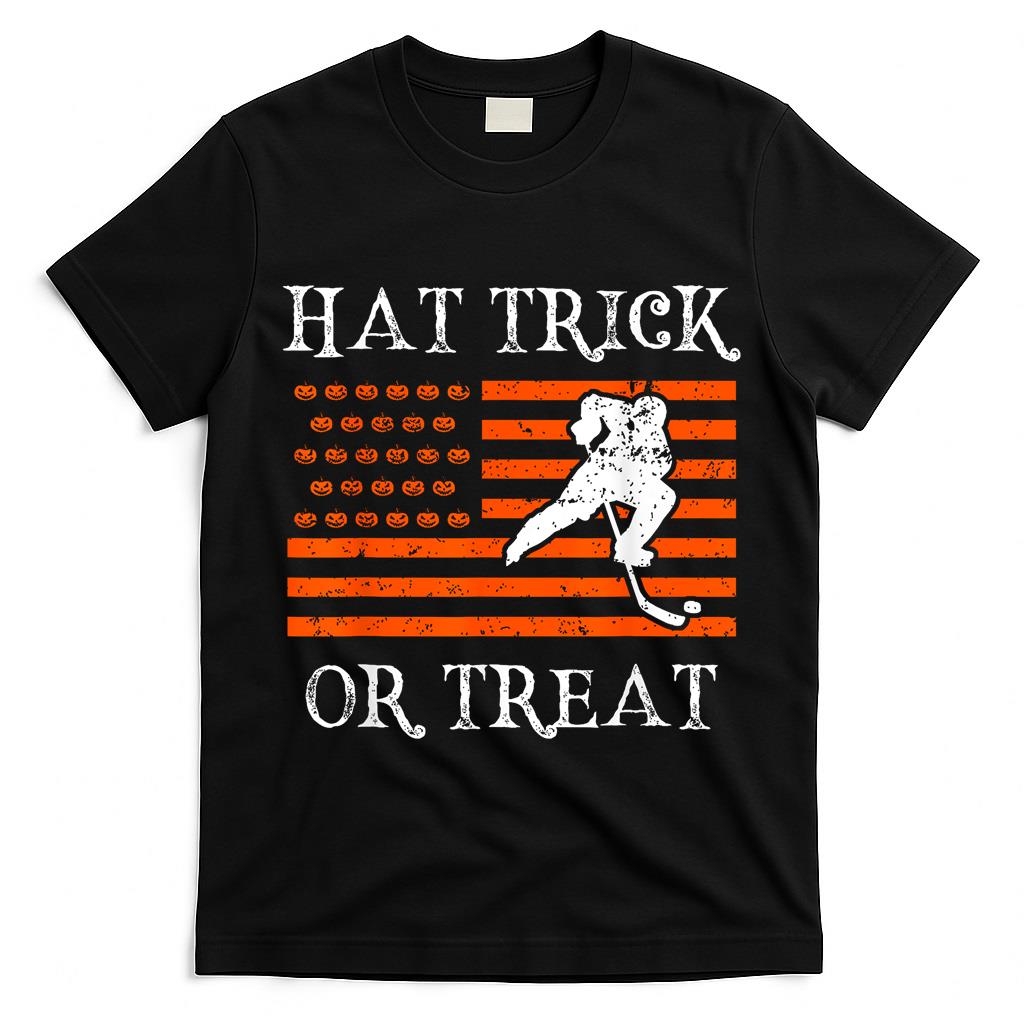 Hat Trick Or Treat Funny Hockey Halloween Costume Kids Boys T-Shirt