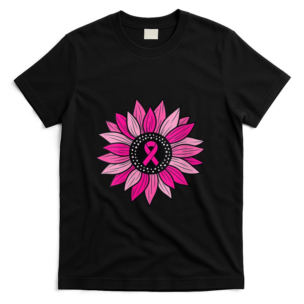 Womens Pink Ribbon Sunflower Breast Cancer Awareness Women Kids V-Neck T-Shirt