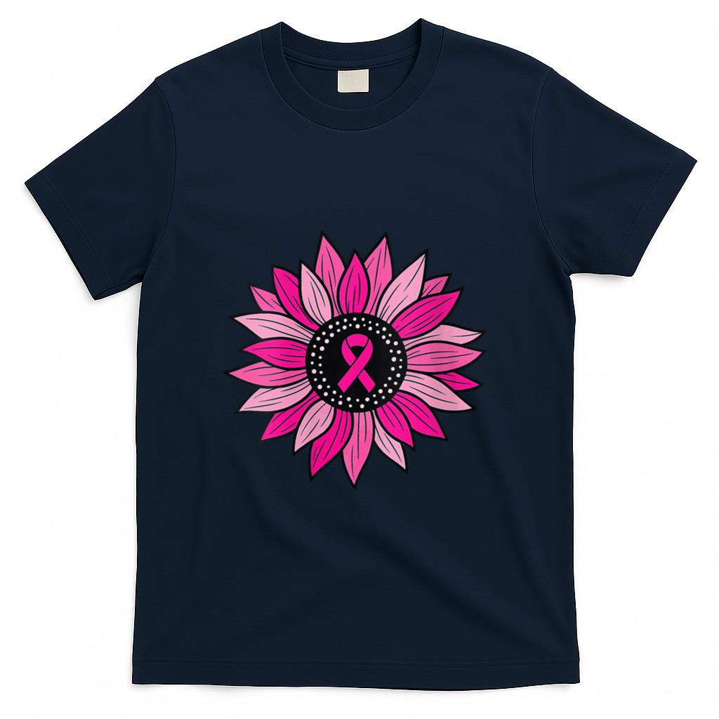 Womens Pink Ribbon Sunflower Breast Cancer Awareness Women Kids V-Neck T-Shirt