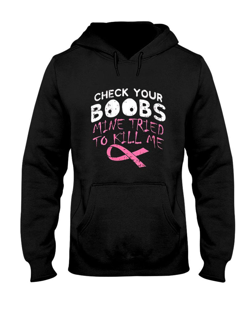 Womens Check Your Boobs Mine Tried To Kill Me Funny Breast Cancer V-Neck T-Shirt