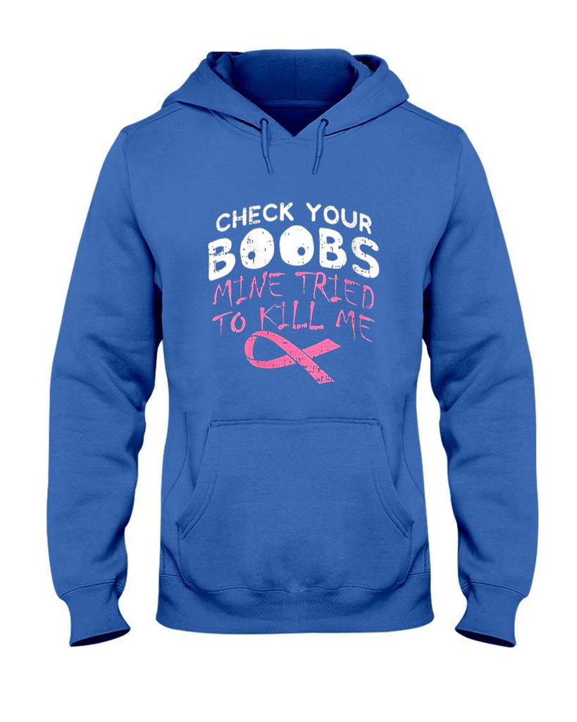 Womens Check Your Boobs Mine Tried To Kill Me Funny Breast Cancer V-Neck T-Shirt