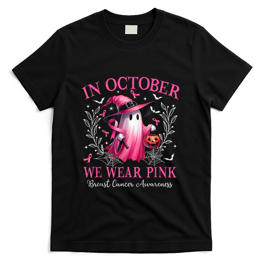 In October We Wear Pink Ghost Witch Breast Cancer Awareness T-Shirt_6