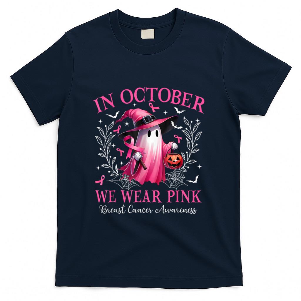 In October We Wear Pink Ghost Witch Breast Cancer Awareness T-Shirt_6