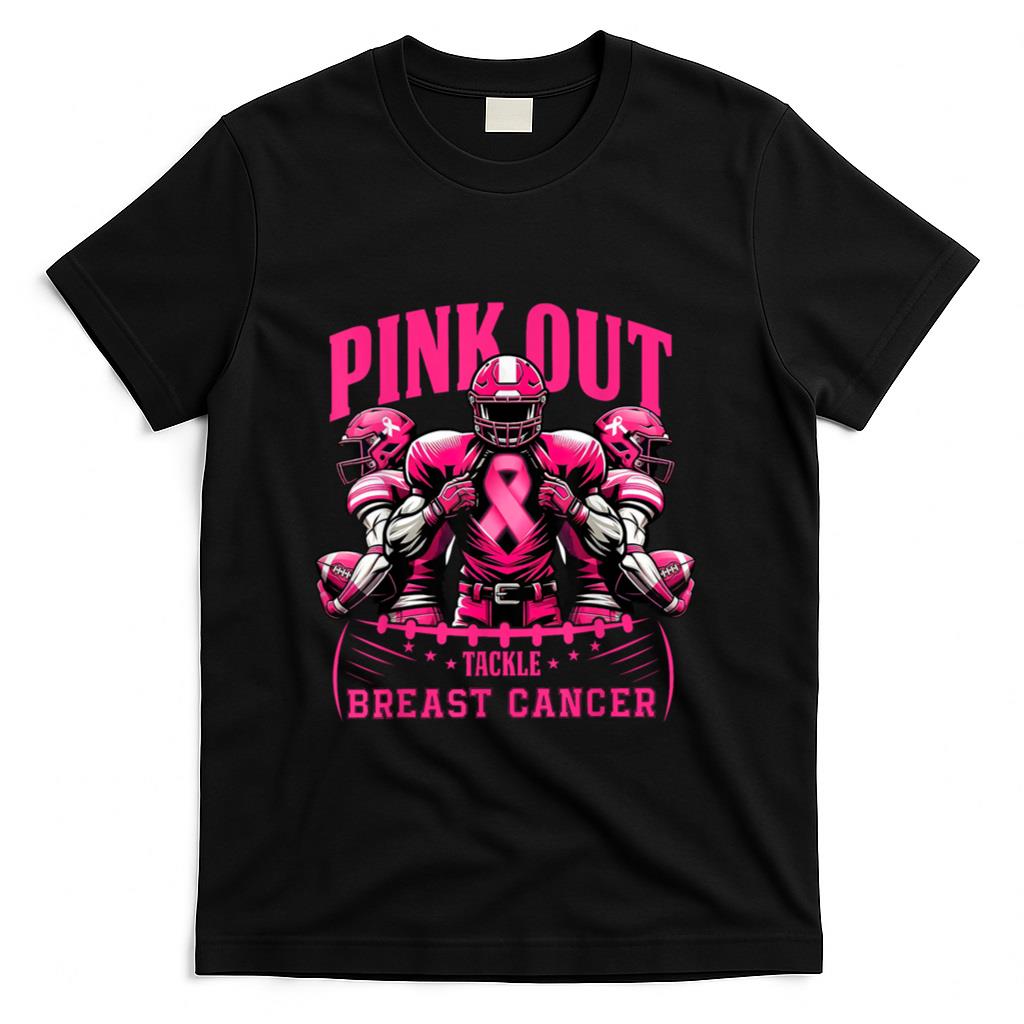Pink Out Tackle Breast Cancer Awareness Football Pink Ribbon T-Shirt