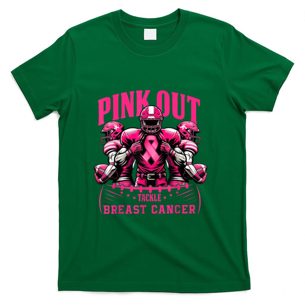 Pink Out Tackle Breast Cancer Awareness Football Pink Ribbon T-Shirt