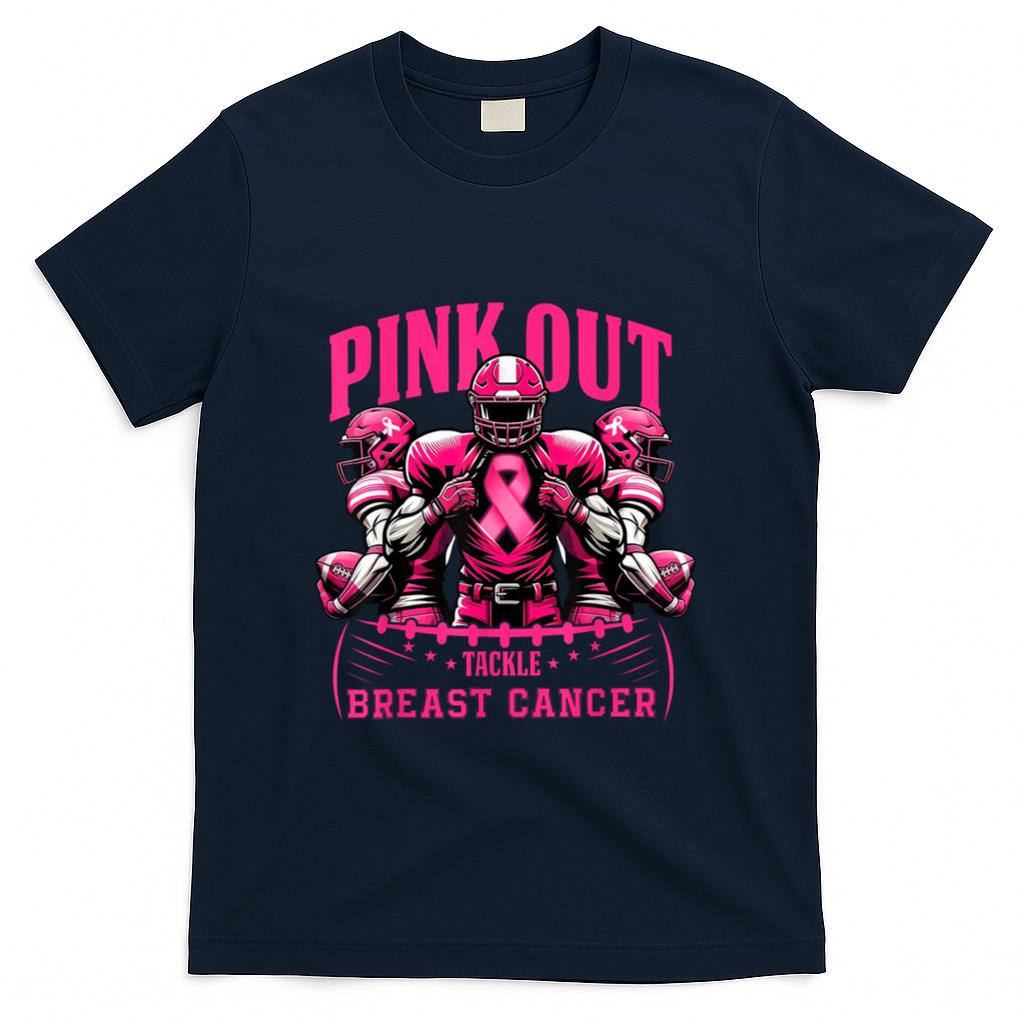 Pink Out Tackle Breast Cancer Awareness Football Pink Ribbon T-Shirt