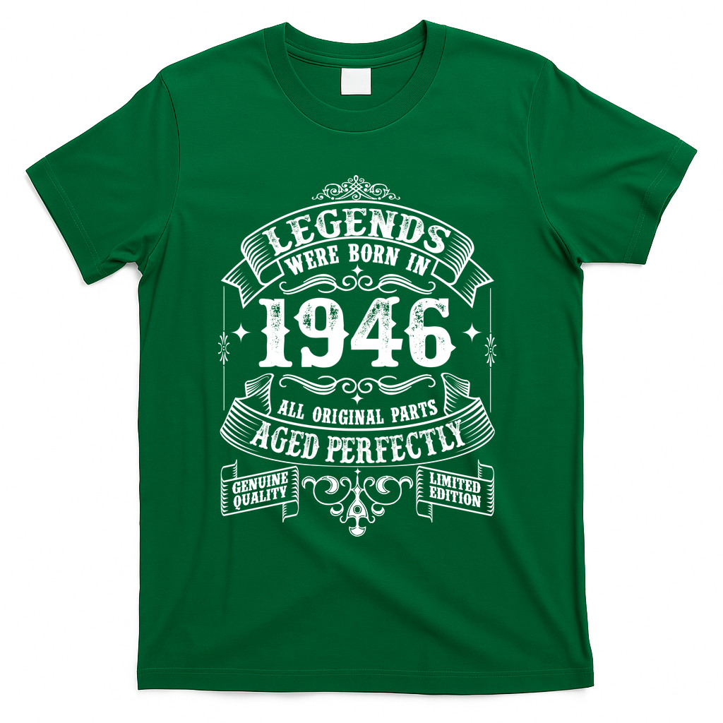 80th Birthday Vintage Scroll Border Legends Were Born Age Perfectly 1946 T-Shirt - Green