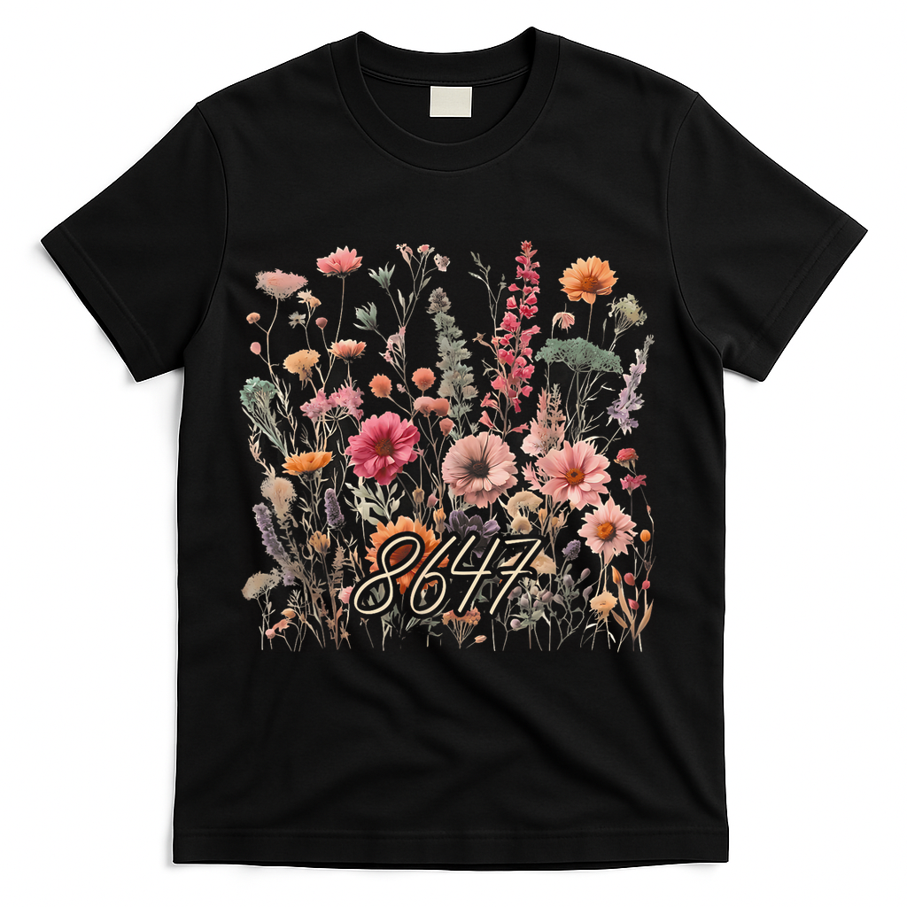 8647 Subtle Anti Trump 86 47 Floral Boho Style T-Shirt - Black
