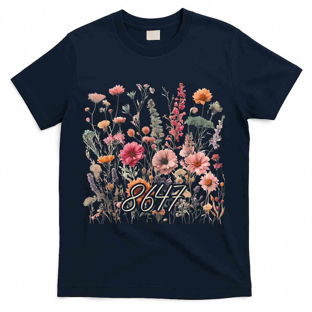 8647 Subtle Anti Trump 86 47 Floral Boho Style T-Shirt - Navy