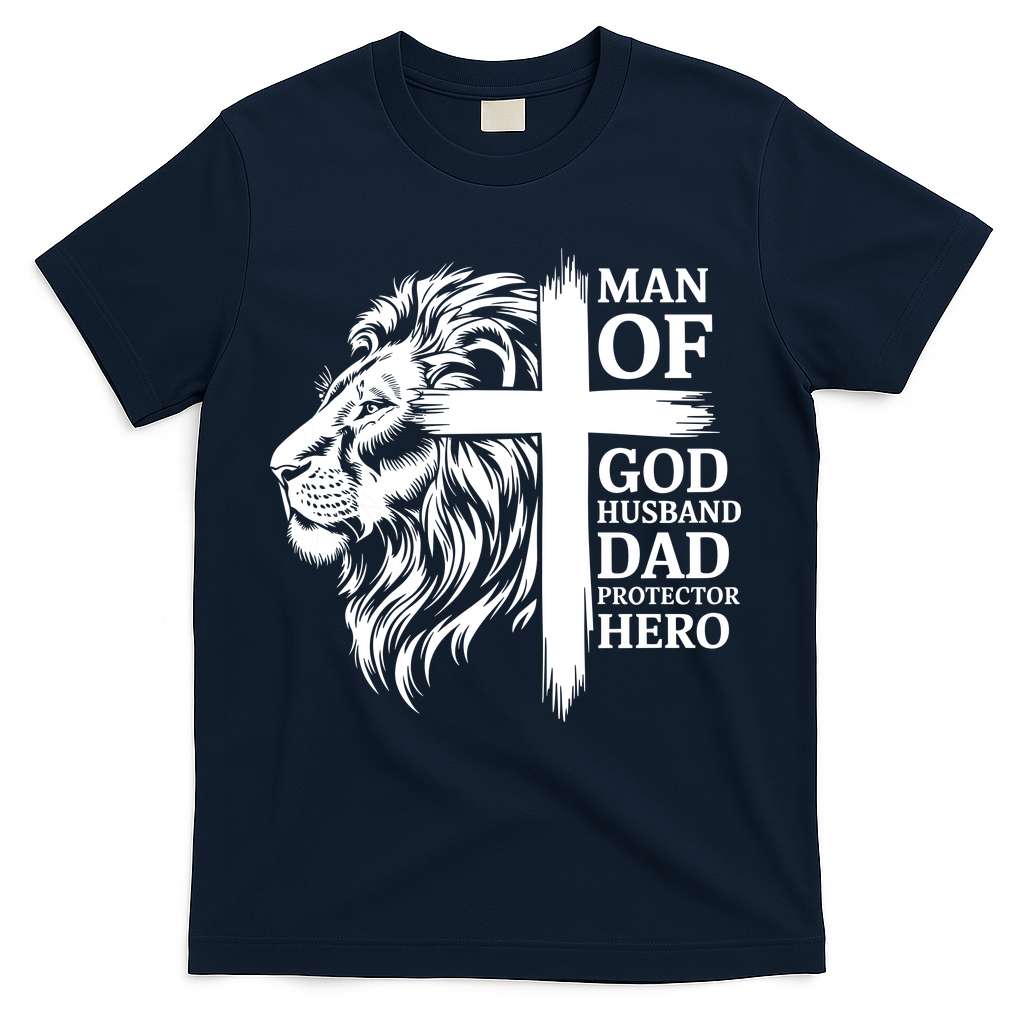 Man Of God Husband Daddy Protector Hero Dad Lion Jesus Cross T-Shirt