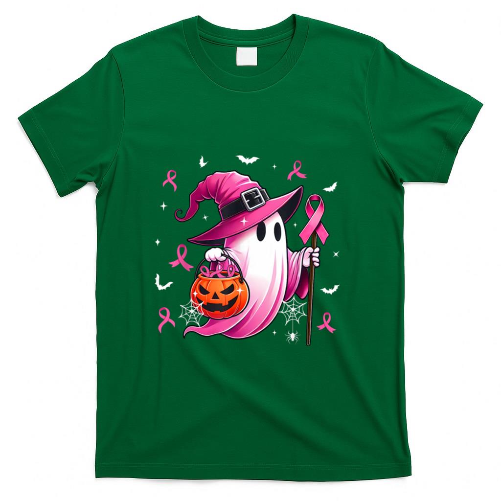 Halloween Pink Ghost Witch Breast Cancer Awareness Women T-Shirt