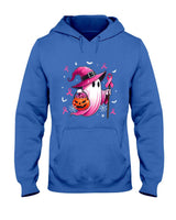 Halloween Pink Ghost Witch Breast Cancer Awareness Women T-Shirt