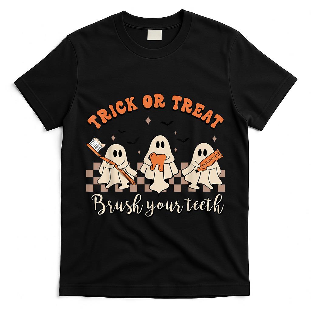 Trick Or Treat Brush Your Teeth Retro Halloween Cute Dentist T-Shirt