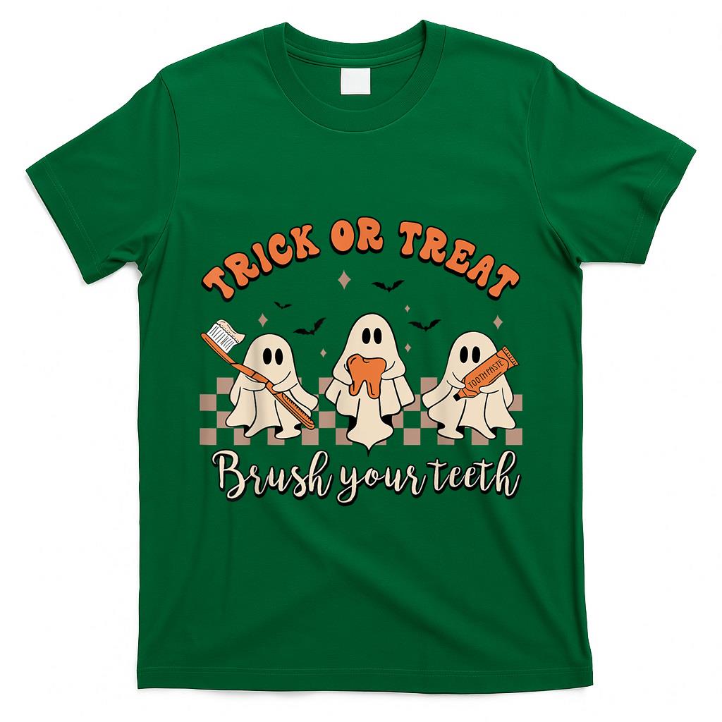 Trick Or Treat Brush Your Teeth Retro Halloween Cute Dentist T-Shirt