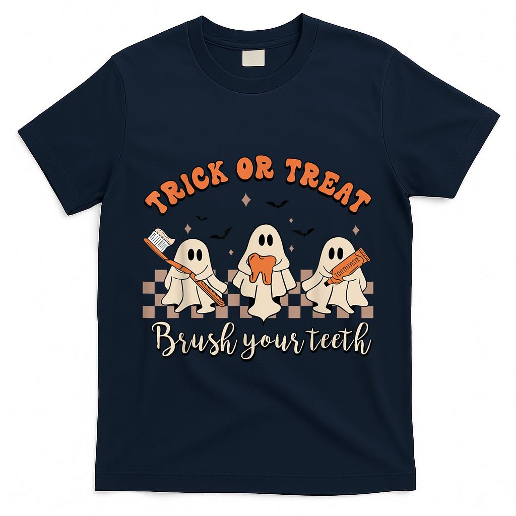 Trick Or Treat Brush Your Teeth Retro Halloween Cute Dentist T-Shirt