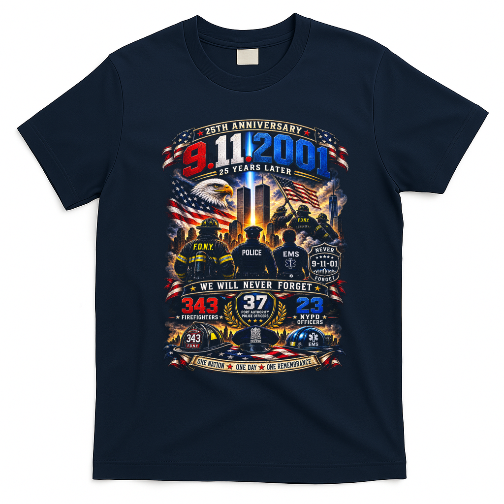 911 25th Anniversary Memorial Firefighter September 11th T-Shirt - Navy Blue
