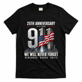 9/11 25th Anniversary Memorial Tribute Never Forget 911 T-Shirt - Black