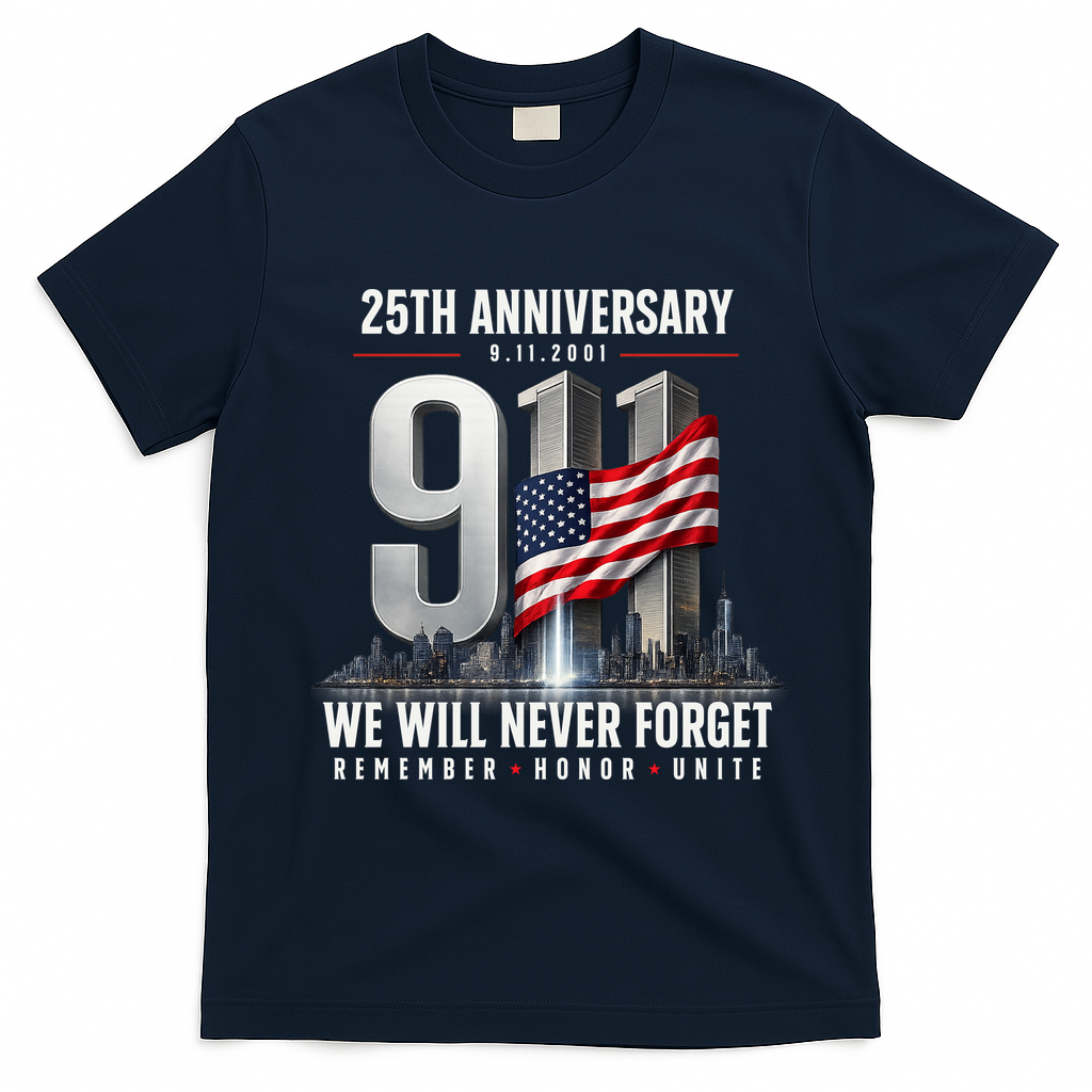 9/11 25th Anniversary Memorial Tribute Never Forget 911 T-Shirt - Navy Blue