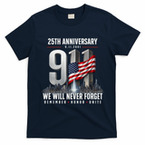 9/11 25th Anniversary Memorial Tribute Never Forget 911 T-Shirt - Navy Blue