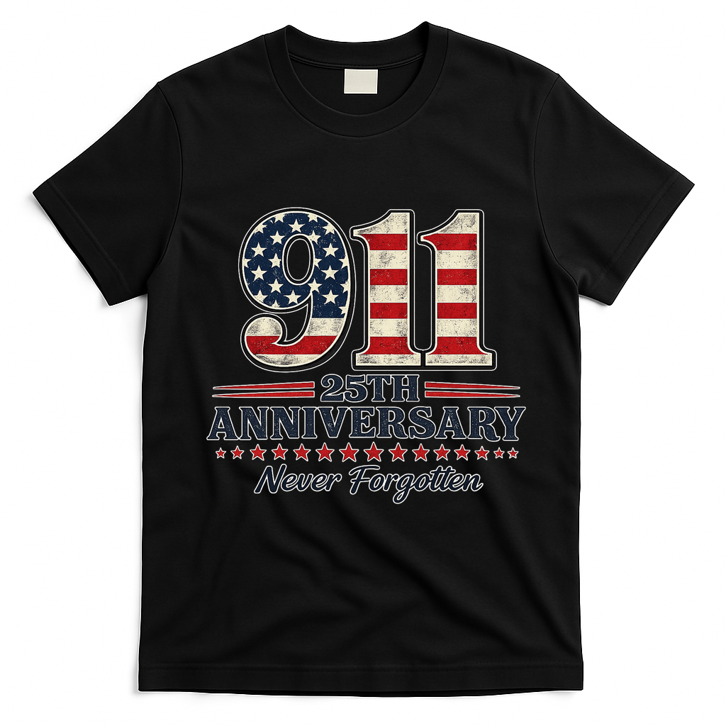 911 25th Anniversary USA Never Forgotten Tribute 9/11 T-Shirt - Black