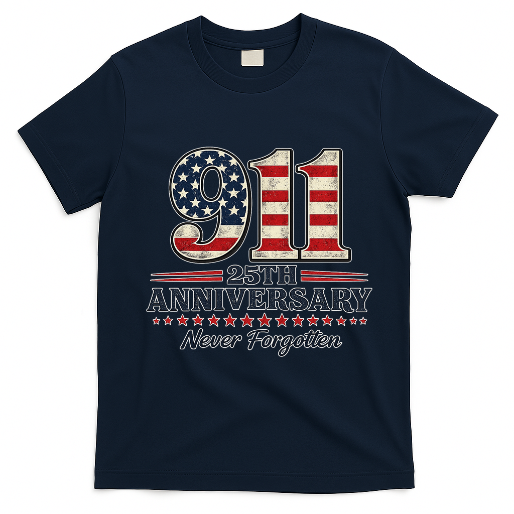911 25th Anniversary USA Never Forgotten Tribute 9/11 T-Shirt - Navy Blue
