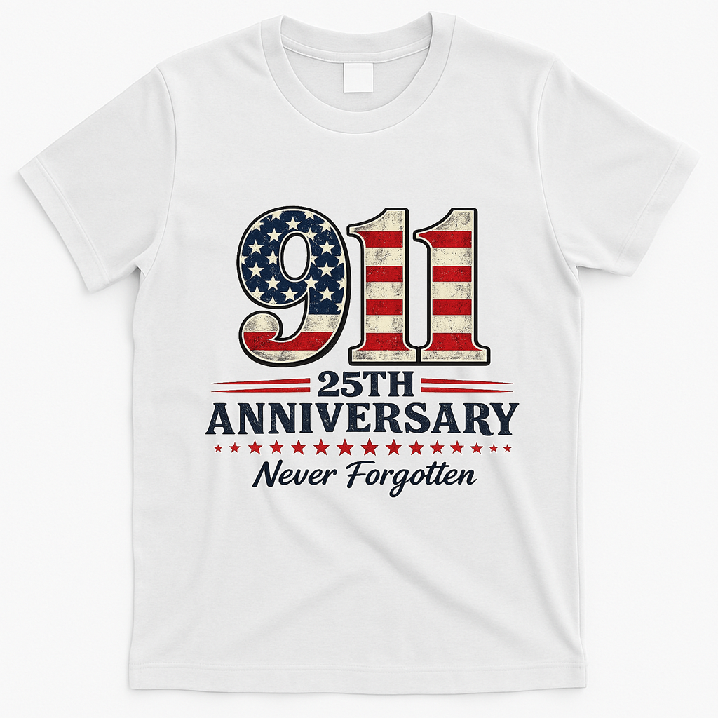 911 25th Anniversary USA Never Forgotten Tribute 9/11 T-Shirt - White