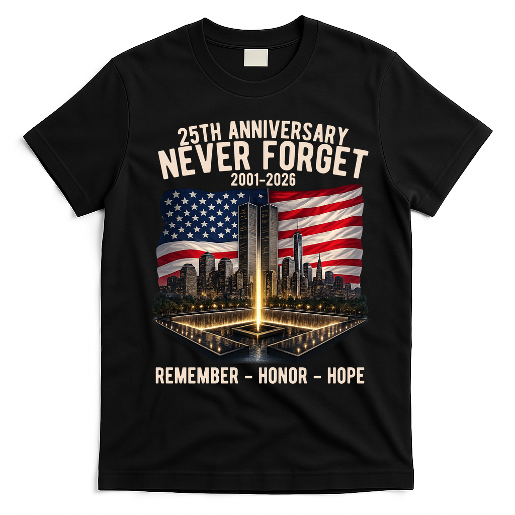 9/11 25th Anniversary Never Forget 911 Memorial 2001-2026 USA T-Shirt - Black
