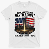 9/11 25th Anniversary Never Forget 911 Memorial 2001-2026 USA T-Shirt - White