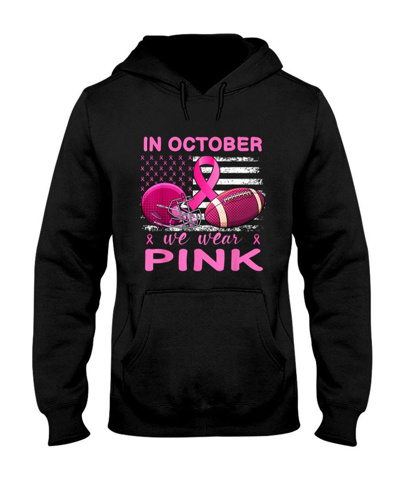 In October We Wear Pink Breast Cancer flag football men T-Shirt