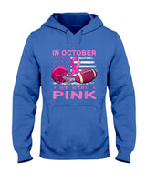 In October We Wear Pink Breast Cancer flag football men T-Shirt