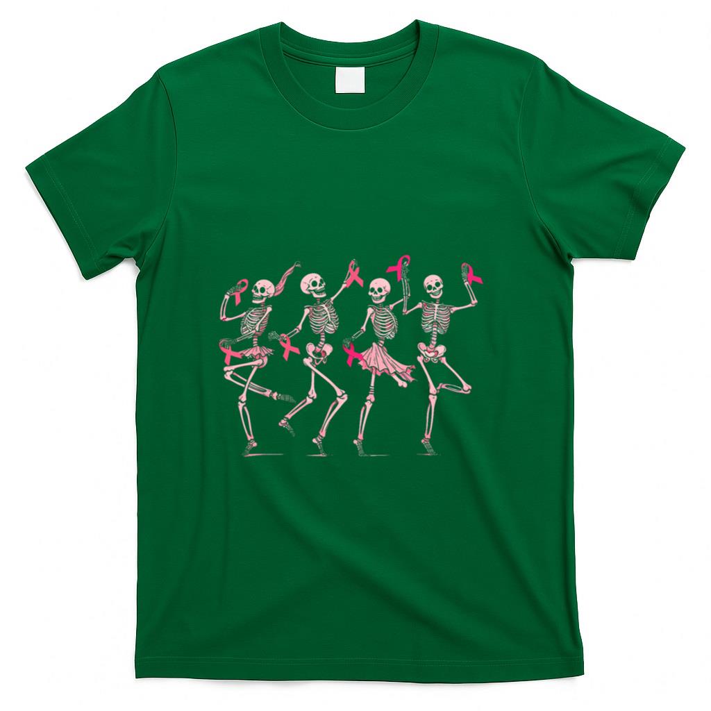 Skeleton Dancing Pink Ribbon Breast Cancer Awareness Support T-Shirt