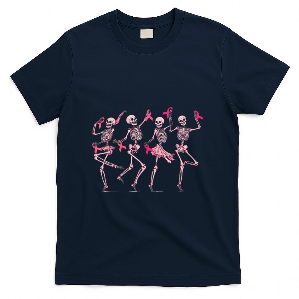 Skeleton Dancing Pink Ribbon Breast Cancer Awareness Support T-Shirt
