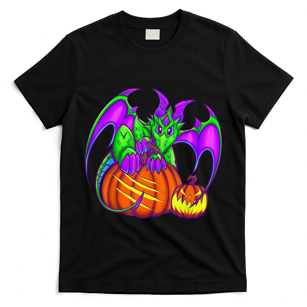 Cute Green Purple Halloween Pumpkin Dragon Trick or Treat T-Shirt