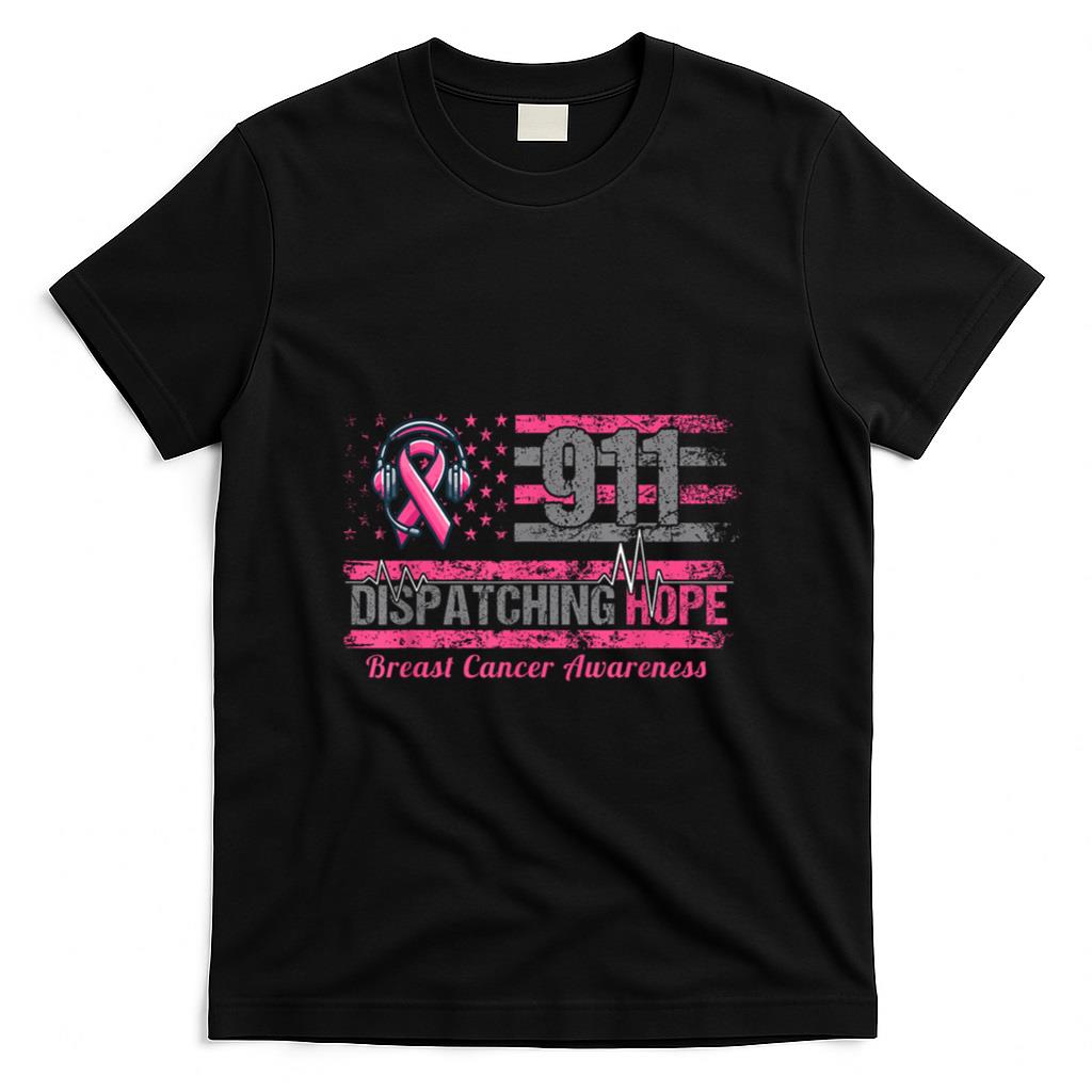 911 Dispatcher Breast Cancer Awareness American Flag T-Shirt