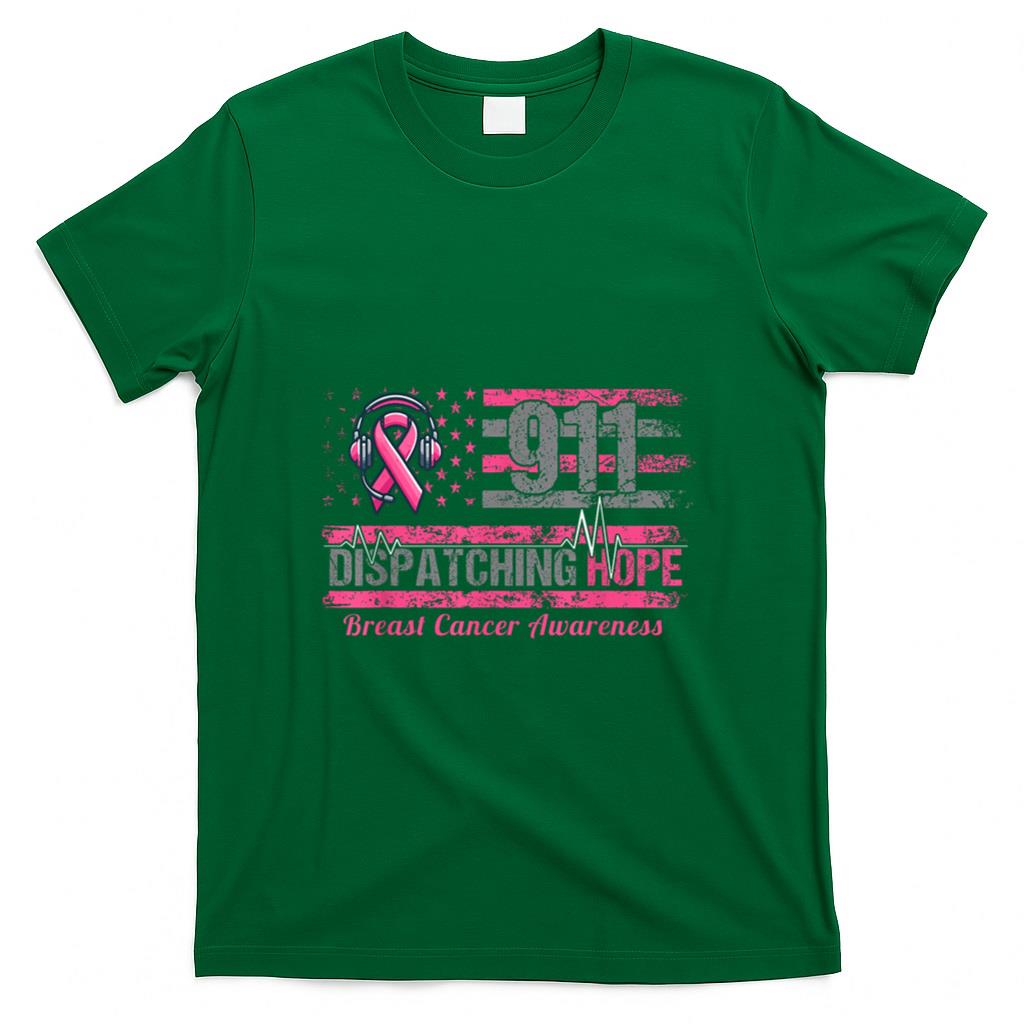 911 Dispatcher Breast Cancer Awareness American Flag T-Shirt