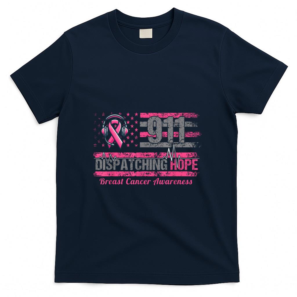 911 Dispatcher Breast Cancer Awareness American Flag T-Shirt