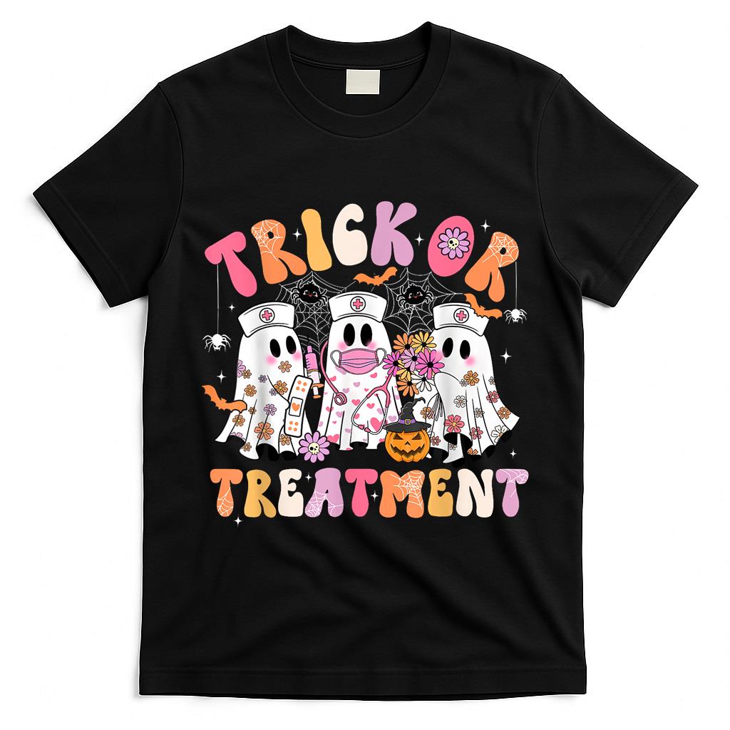 Trick Or Treatment Ghost Nurse Halloween Costume Girl Women T-Shirt