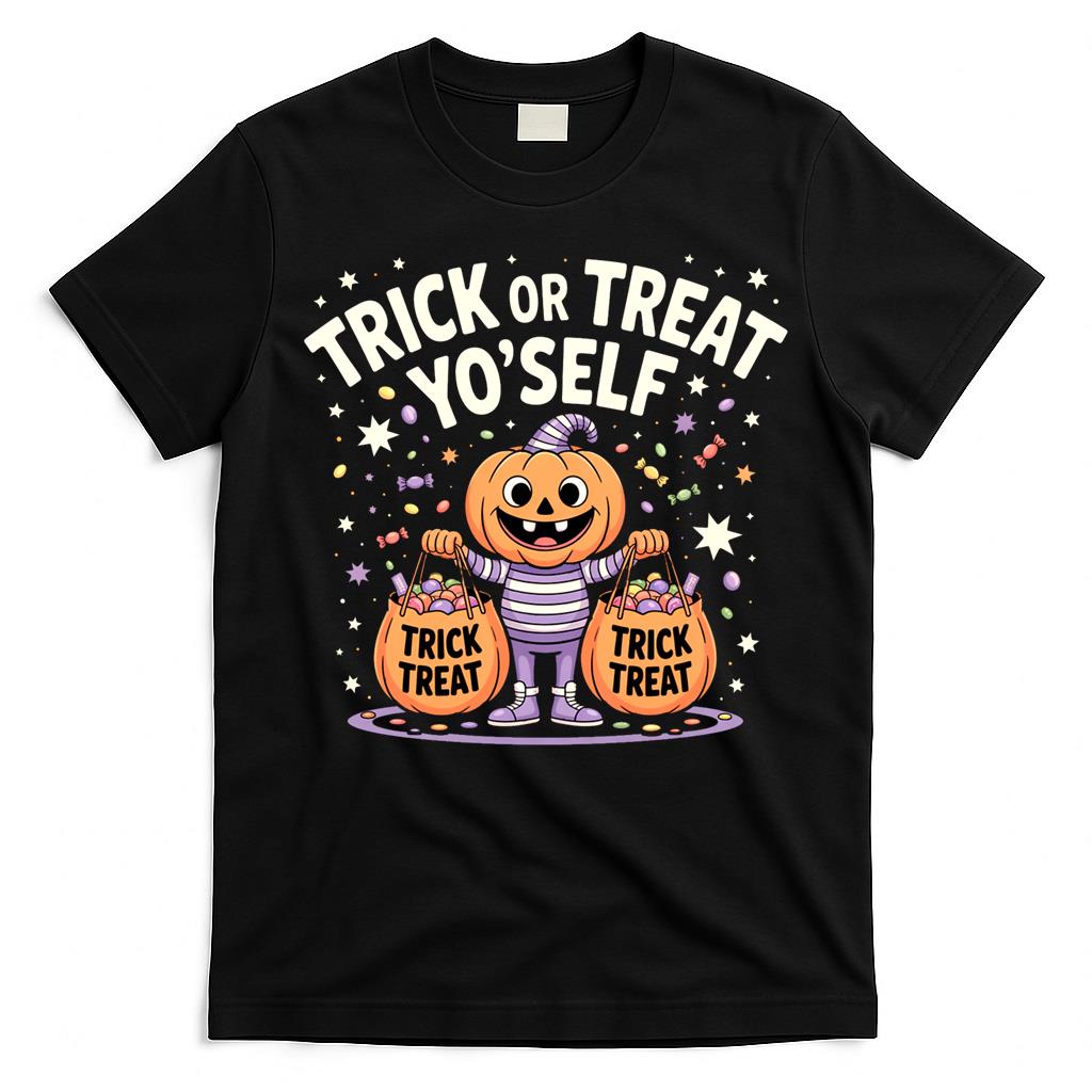 TRICK OR TREAT YOSELF A happy, pumpkin-headed character shows off a haul of candy bags. For the Ha T-Shirt