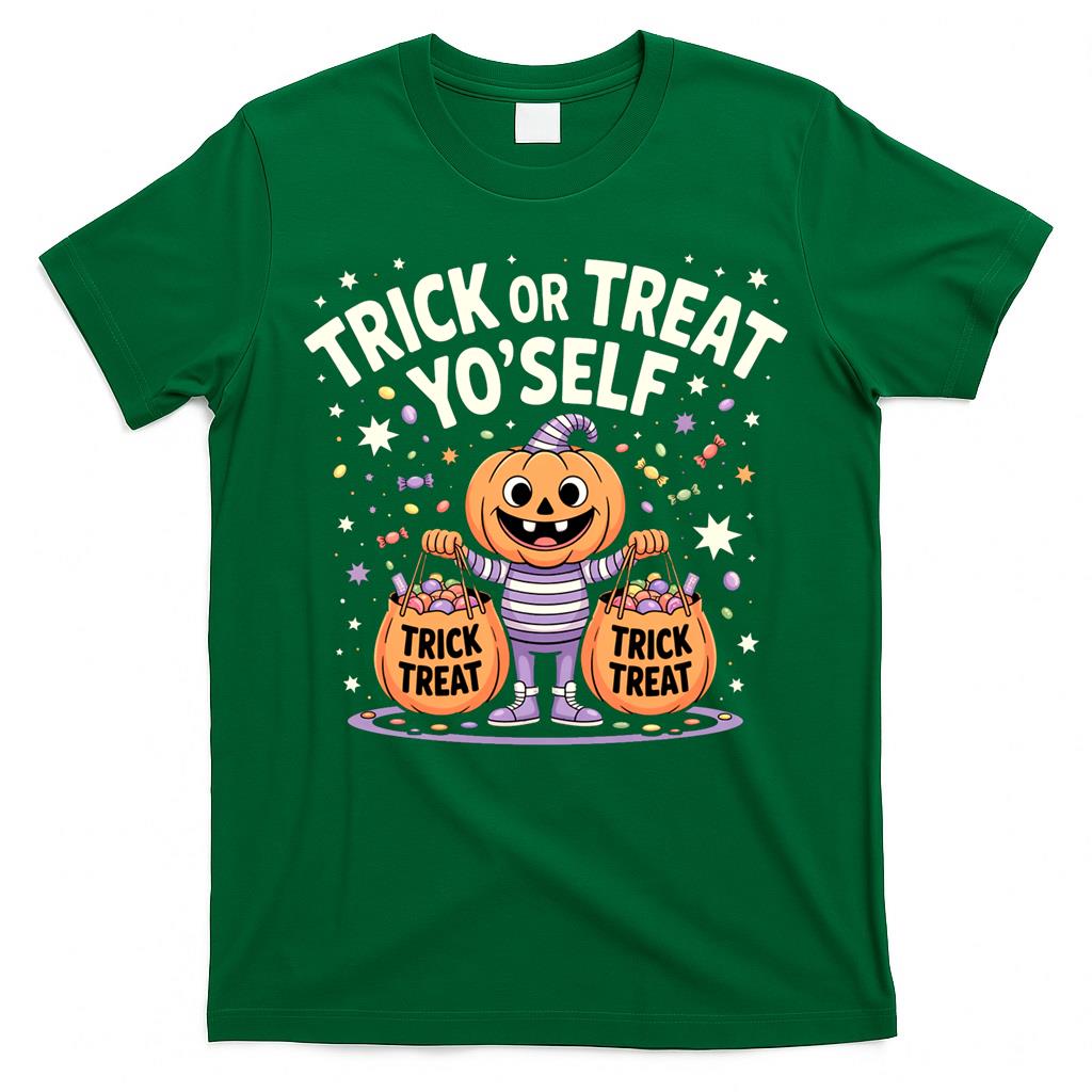 TRICK OR TREAT YOSELF A happy, pumpkin-headed character shows off a haul of candy bags. For the Ha T-Shirt