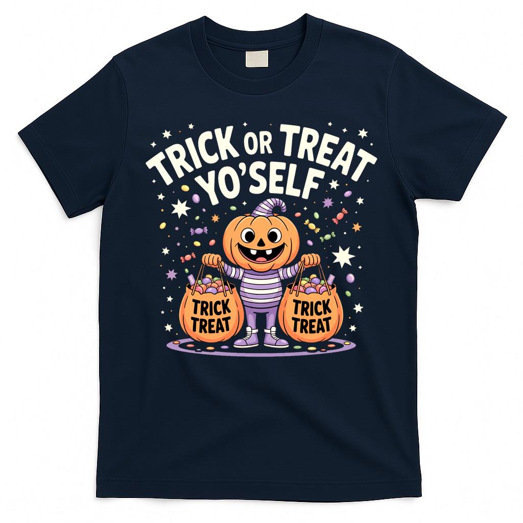 TRICK OR TREAT YOSELF A happy, pumpkin-headed character shows off a haul of candy bags. For the Ha T-Shirt