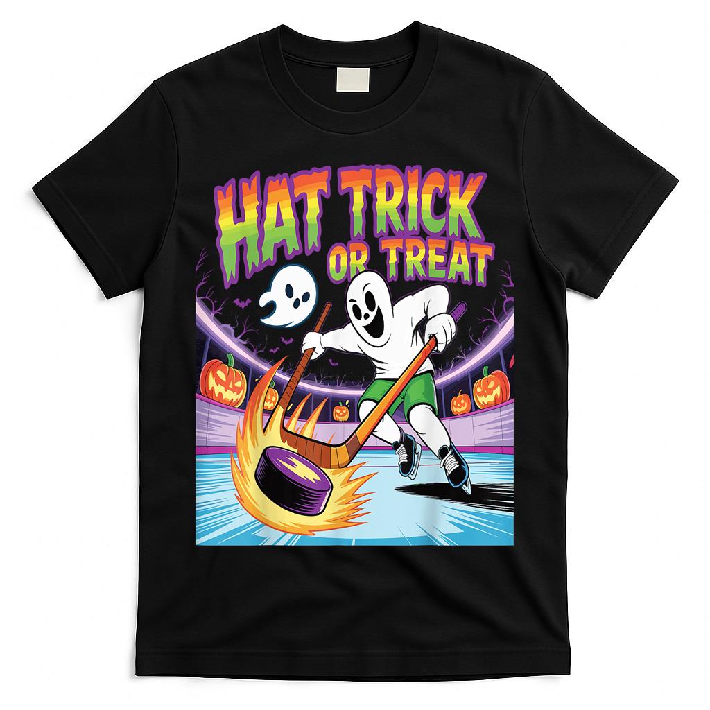 Hat Trick Or Treat Funny Ice Hockey Ghost Halloween T-Shirt