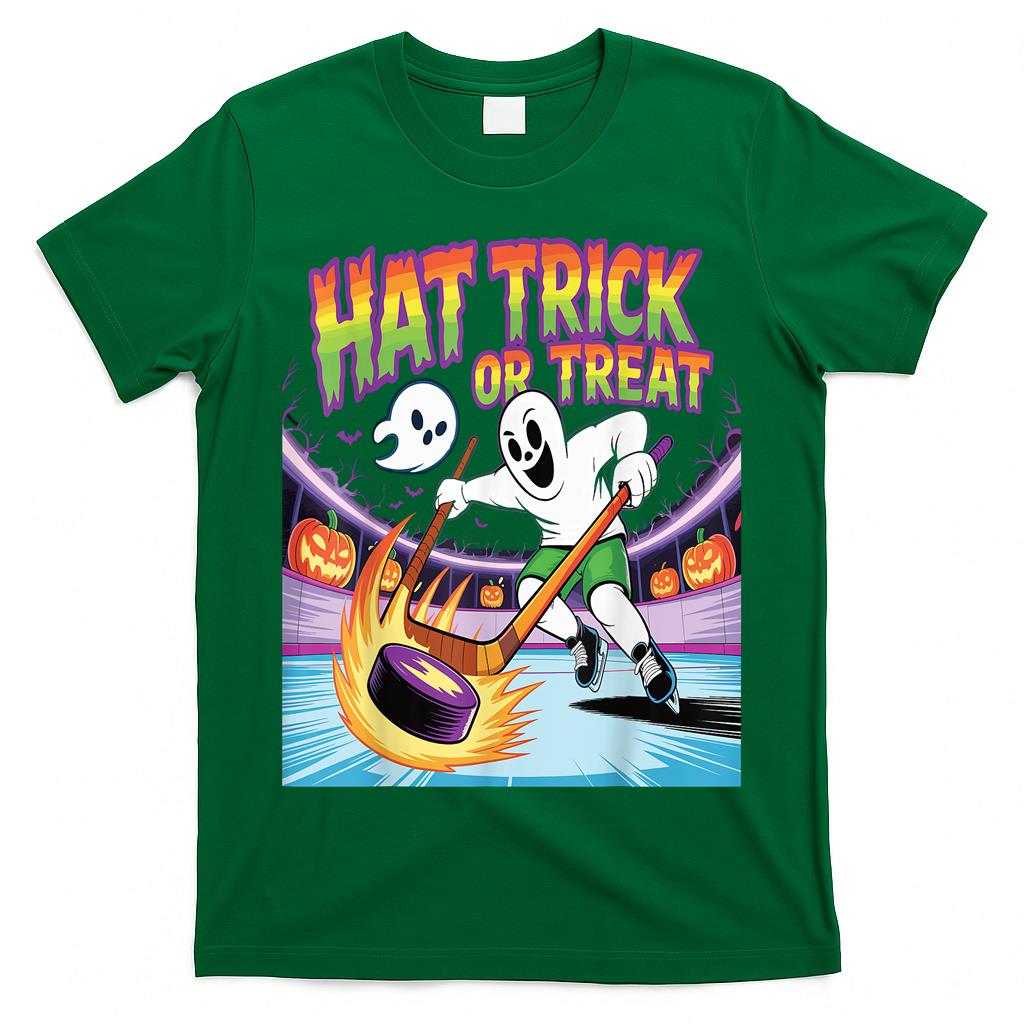 Hat Trick Or Treat Funny Ice Hockey Ghost Halloween T-Shirt
